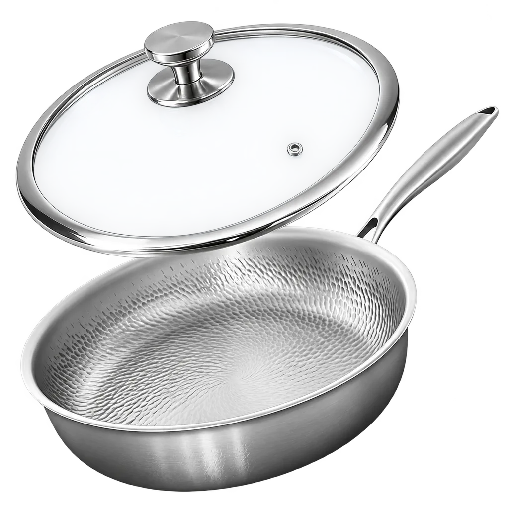Detailed view of the Joyhnny pan, handle, and glass lid